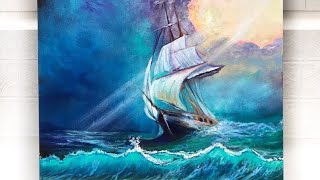 HOW TO PAINT A STORMY SEASCAPE AND SHIP  ACRYLIC PAINTING TUTORIAL [upl. by Hugibert]