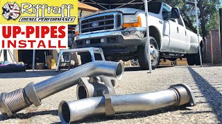 2001 F350 73  RiffRaff UpPipes Install  Stock up pipes leaking and falling apart JUNK SP [upl. by Agnimod]