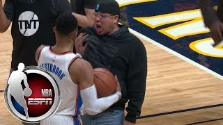 Russell Westbrook pushes away Denver Nuggets fan after fan gets in Westbrooks face  ESPN [upl. by Wehttan]